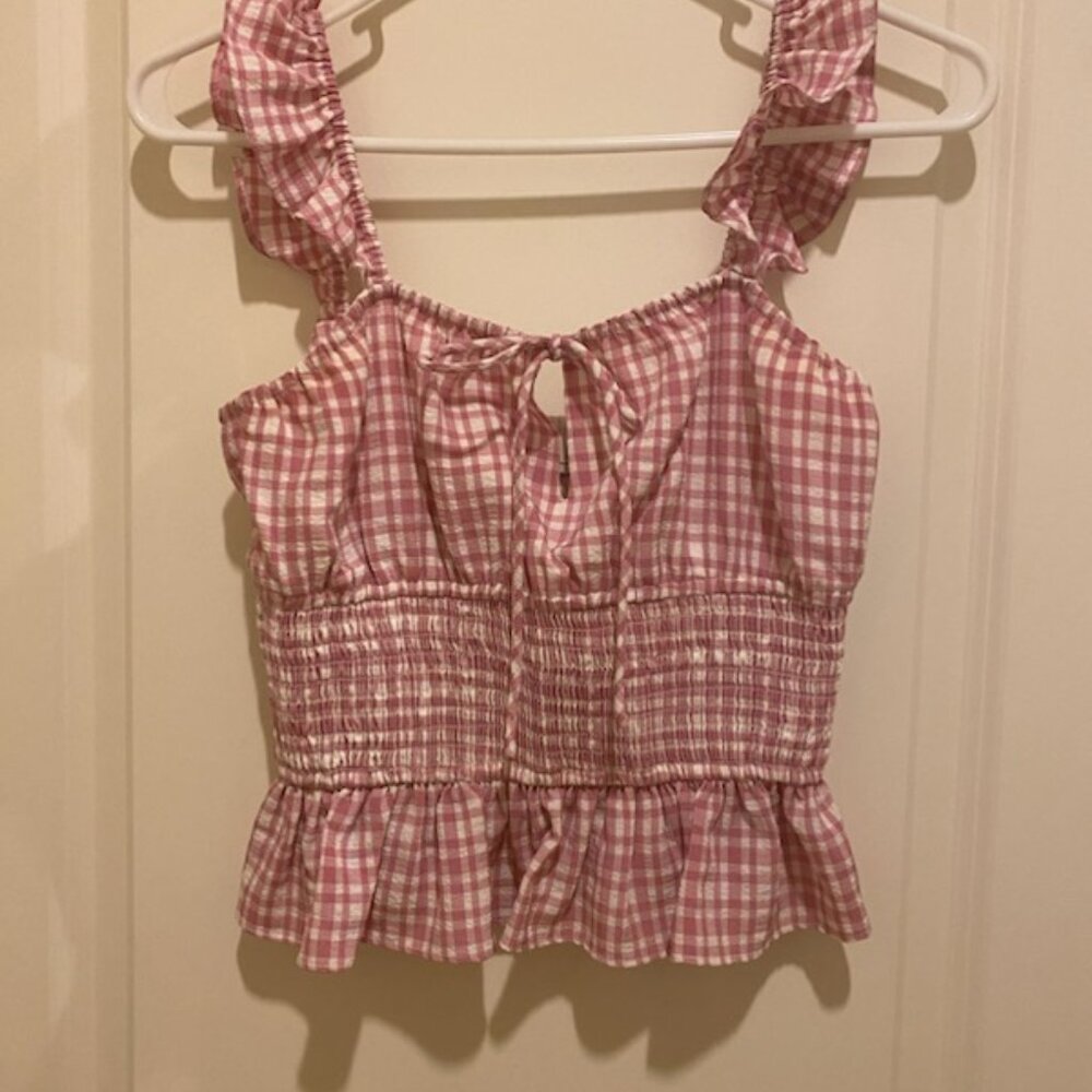 WAYF Pink Gingham Smocked Crop Top - Size XS
